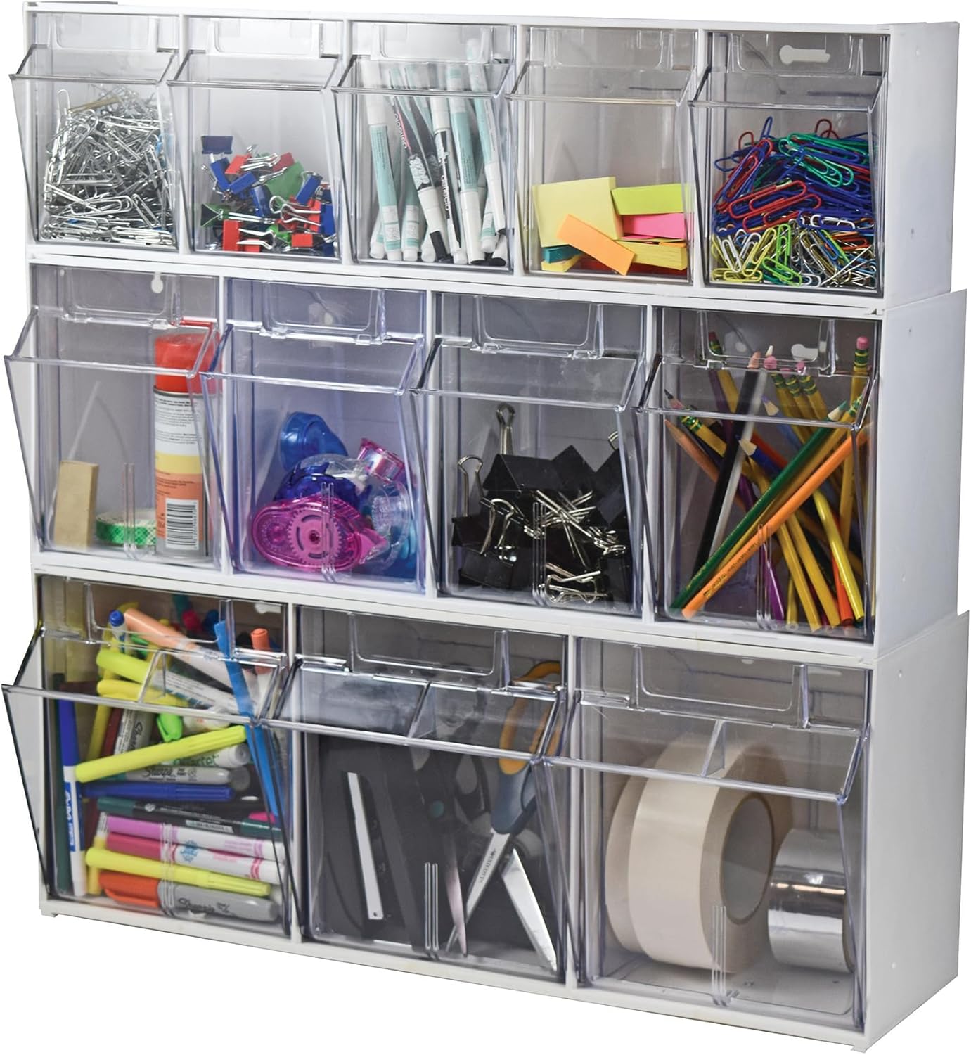 Deflecto Interlocking Tilt Bin, 9 Bin Unit, Clear and White, 23-5/8” x 3-5/16” x 2-5/8” (20903OP)