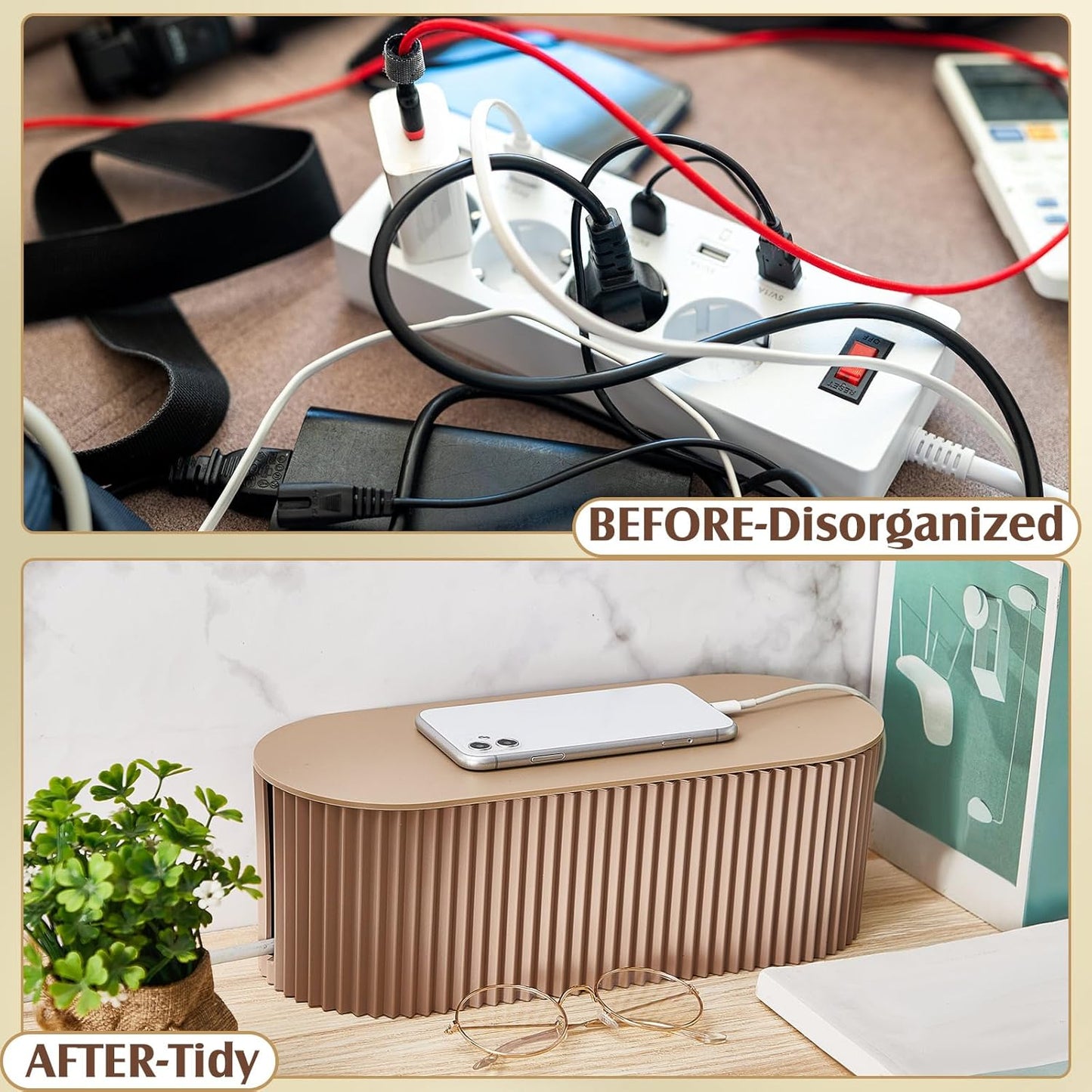 Marsui 2 Pcs White Cable Management Box Cord Hider Organizer with 46 Pcs Cable Management Kit Wire Box for Power Strips Surge Protectors Desk TV Computer Wires