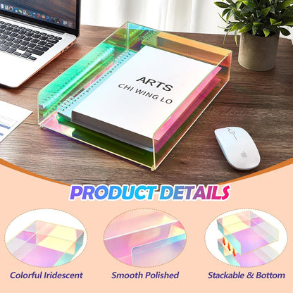 Suzile 3 Pcs Iridescent Acrylic Letter Organizer 12.6 x 9.5 x 2.8 Inches Stackable Iridescent Acrylic Letter Tray Paper Tray for Desk File Document Folder Notebooks Stationery Office Accessories