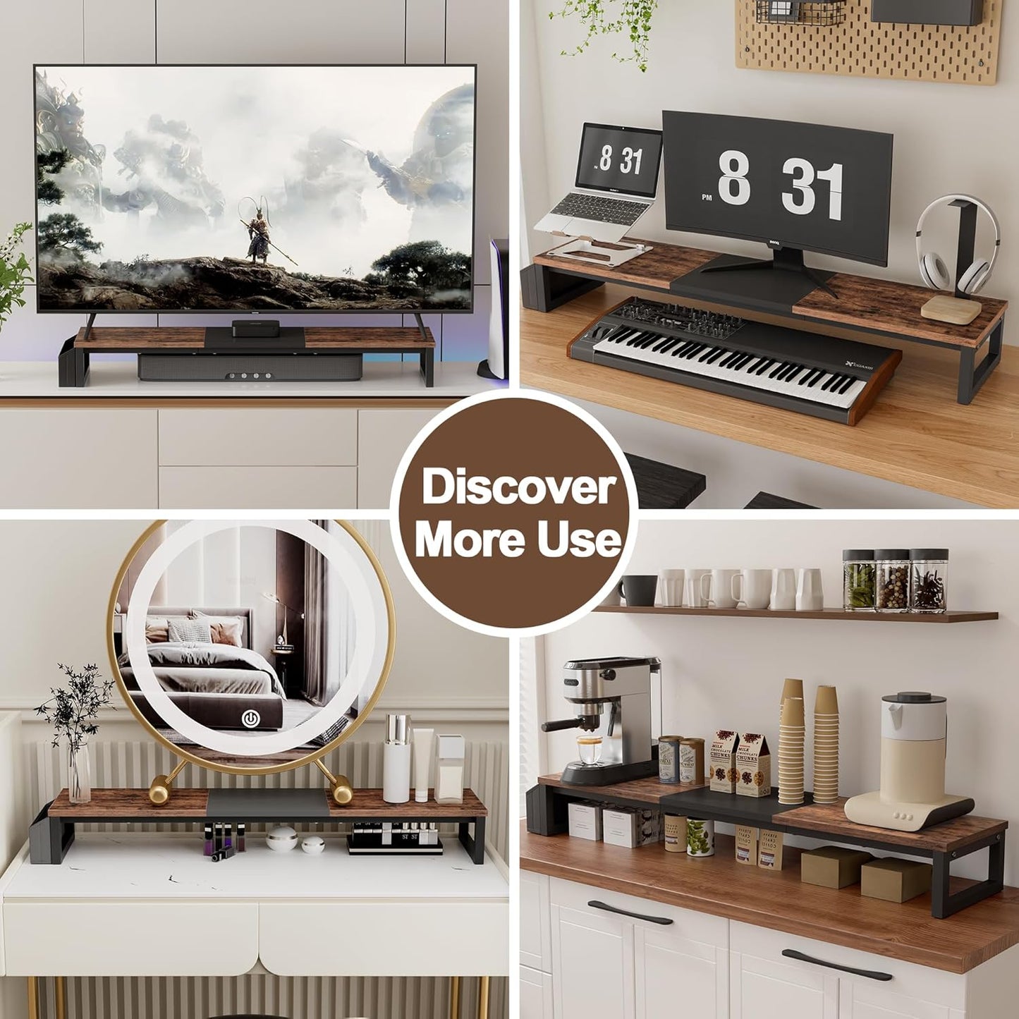 LAND·VOI Heavy Duty Dual Monitor Stand, Holds 2 Screens Up to 27 Inches, Adjustable Length and Angle Monitor Riser, Desk Organizer with Side Pockets and Drawers, Home Office Desk Storage, Rustic Brown