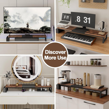 LAND·VOI Heavy Duty Dual Monitor Stand, Holds 2 Screens Up to 27 Inches, Adjustable Length and Angle Monitor Riser, Desk Organizer with Side Pockets and Drawers, Home Office Desk Storage, Rustic Brown