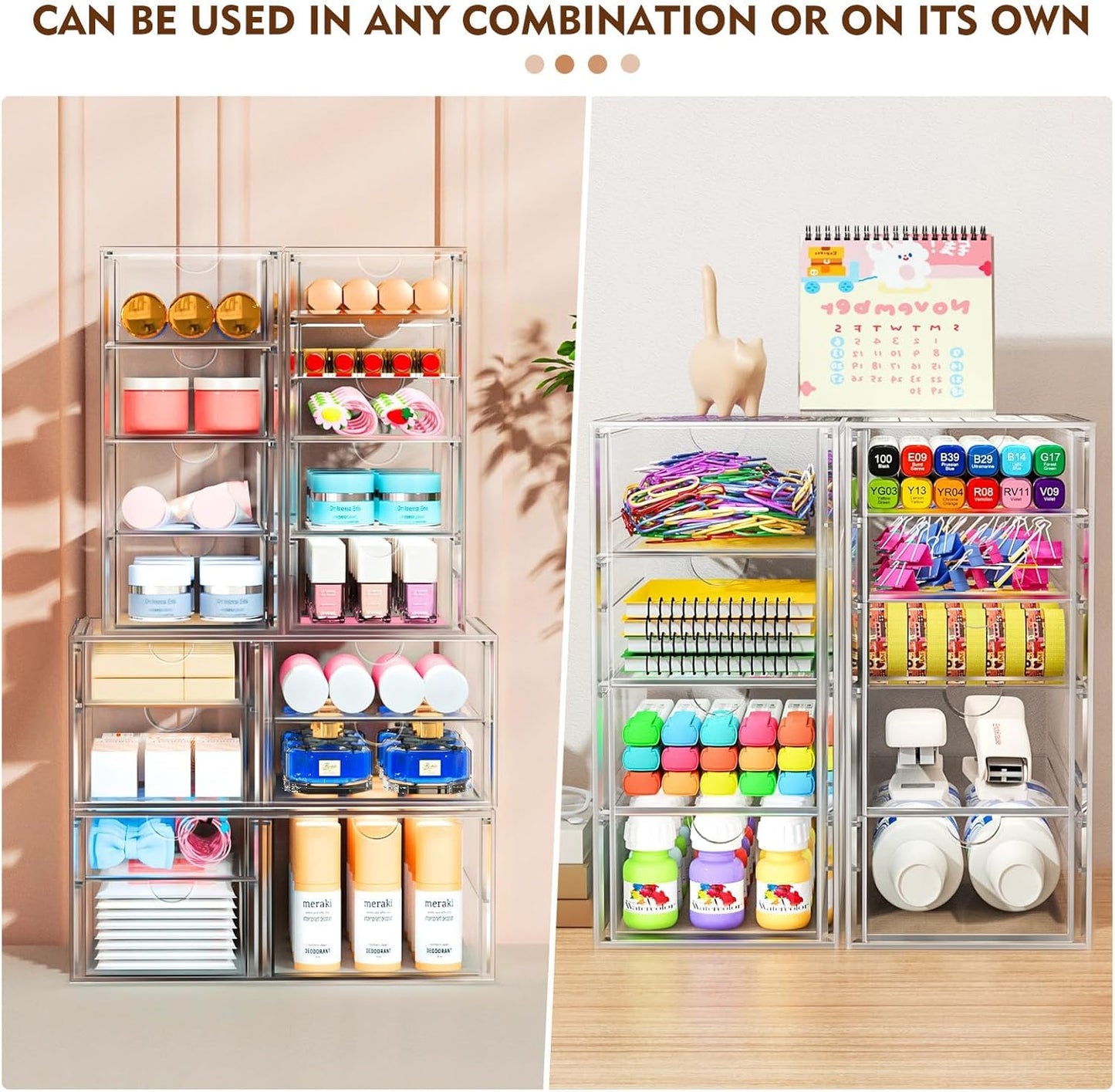 ARSTPEOE Makeup Acrylic Organizer with 17 Drawers(4 Sets), Desk Organizers and Accessories, Clear Makeup Organizer, Dustproof Storage Drawers for Office Art Craft Supplies