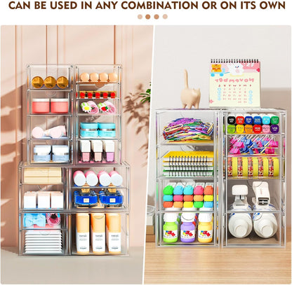ARSTPEOE Makeup Acrylic Organizer with 17 Drawers(4 Sets), Desk Organizers and Accessories, Clear Makeup Organizer, Dustproof Storage Drawers for Office Art Craft Supplies