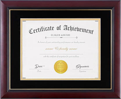 ELSKER&HOME Diploma Frame - Wide Solid Wood Frame - Black Velvet Golden Rim Mat - Semi-Tempered Glass - Includes Hanging Hardware and Desktop Easel(ONLY Display 11×14 Document/Certificate)