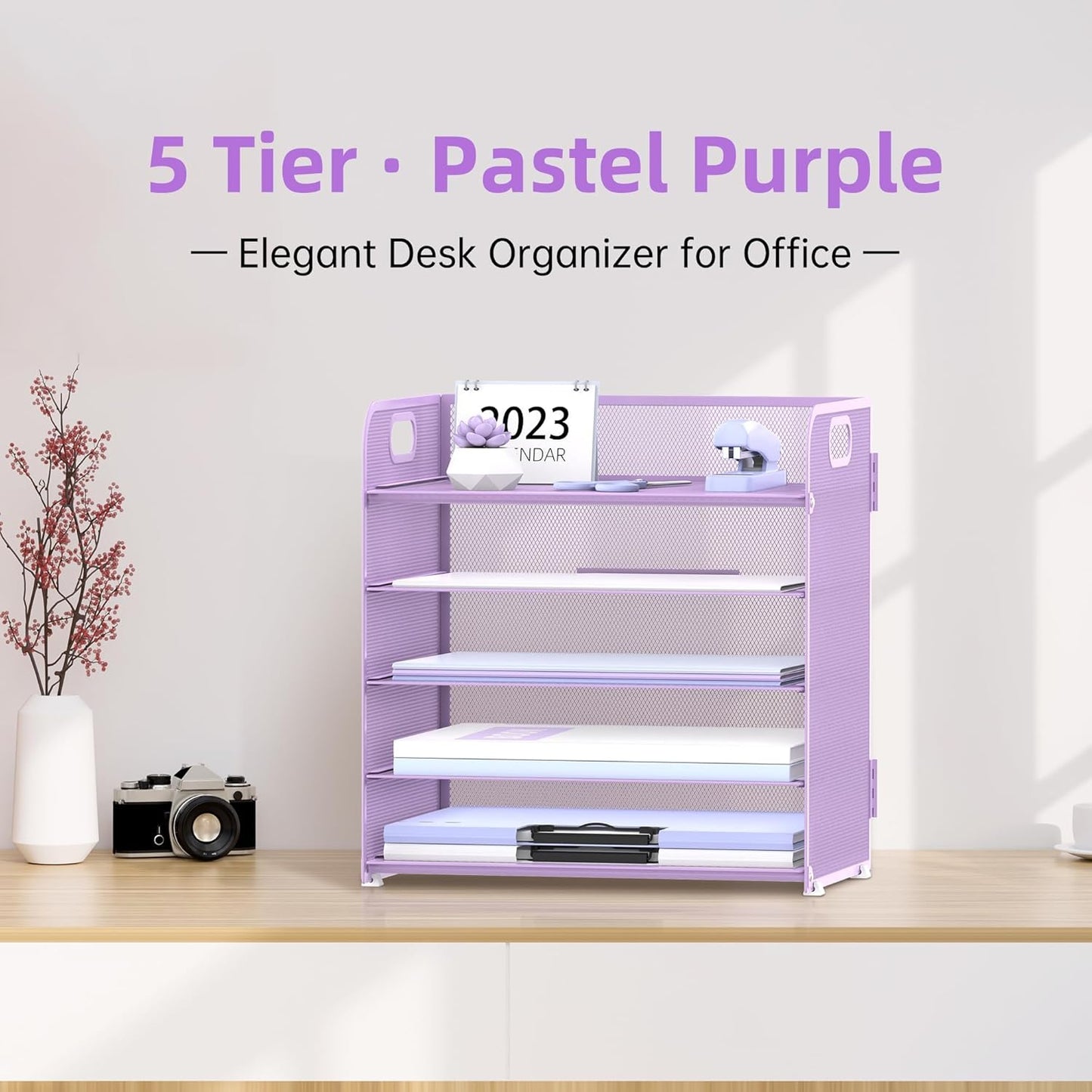 Supeasy 5 Trays Paper Organizer Letter Tray with Handle-Mesh Desk File Holders, Paper Sorter Desk Organizer for Office, Home, Classroom or School, White