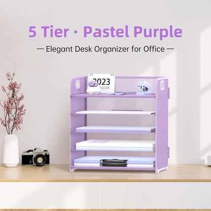 Supeasy 5 Trays Paper Organizer Letter Tray with Handle-Mesh Desk File Holders, Paper Sorter Desk Organizer for Office, Home, Classroom or School, White