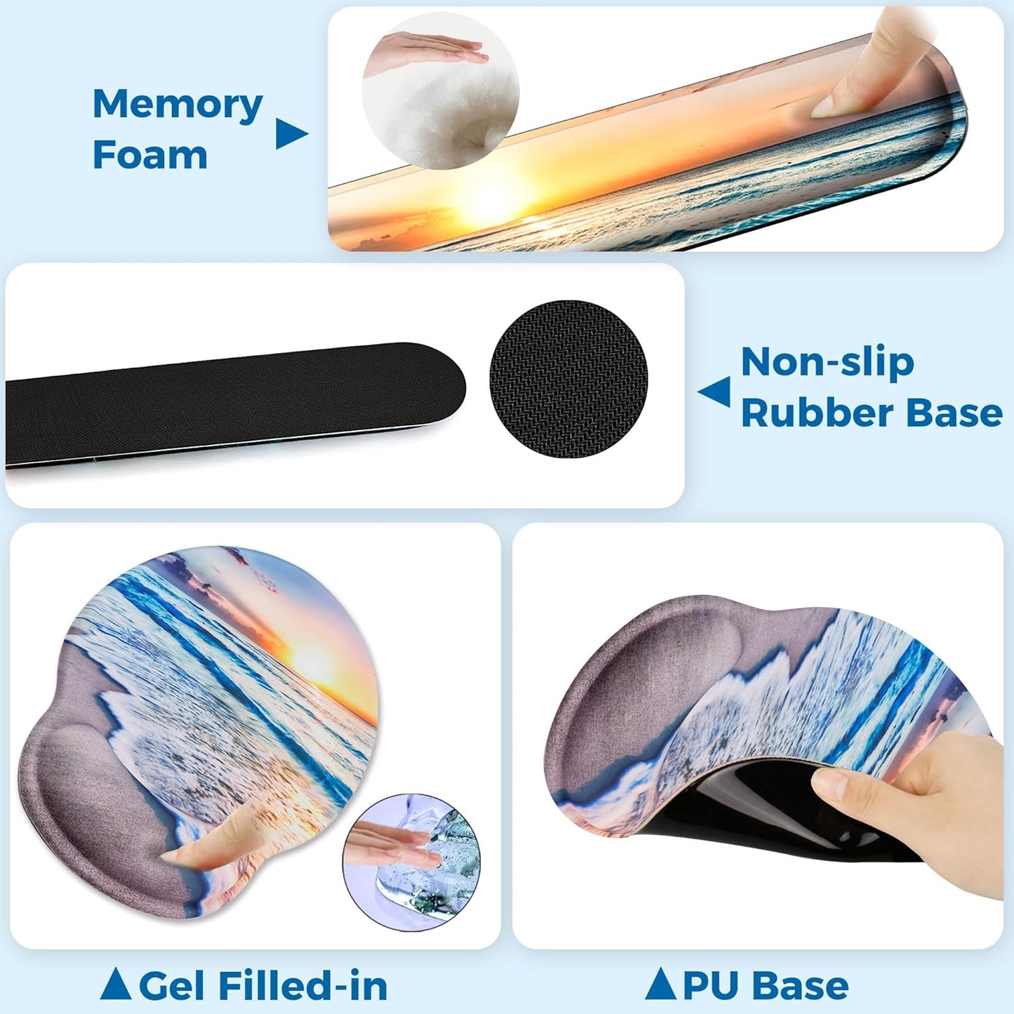 Mouse Pad and Keyboard Wrist Rest Support, with Non-Slip PU Base,Gel Mouse Pad with Coaster,Pain Relief for Gaming, Computer,Office -Beach