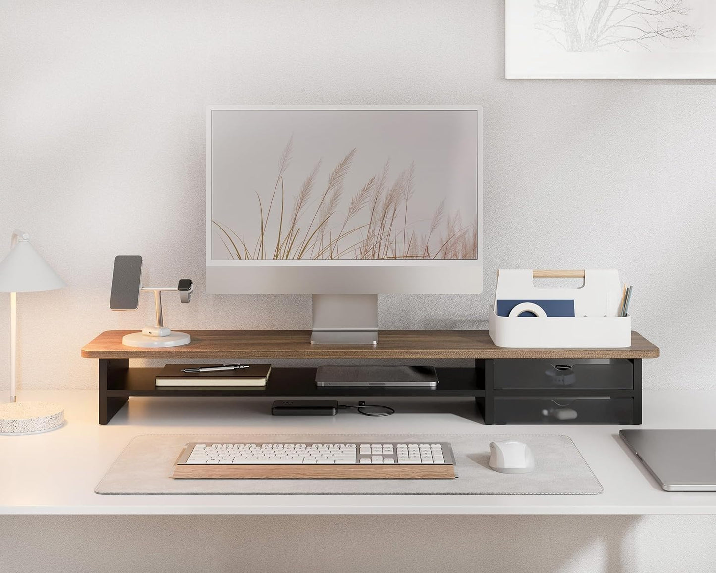 Fenge Monitor Stand, Dual Monitor Riser, 42.5inch Large Desk Computer Monitor Stand Riser with Drawer, 2 Tier Wood & Acrylic Desktop Organizer for Computer, Laptop, Printer, TV Screen Riser