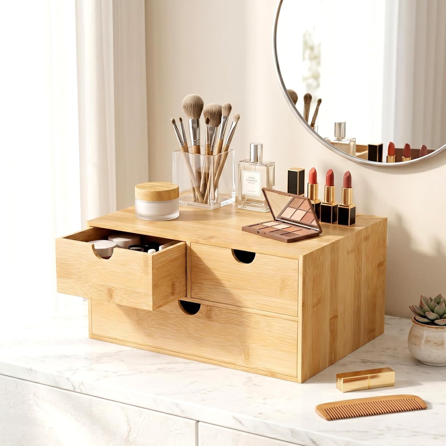Desk Organizer with Drawers - Bamboo Desktop Organizer Storage | Wood Desk Drawers Organizer for Bills, Office Supplies, Cosmetics, Seals No Assembly Required (3 Drawer with Big Drawer)