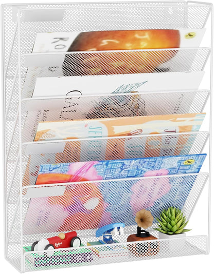 Wall File Organizer Holder Mesh Hanging Paper Document Holder,Vertical 6 Pocket Tier for Office Home, Black