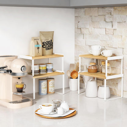 Goozii Kitchen Cabinet Organizer Shelf Set of 4, Large Stackable Pantry Cupboard Countertop Storage and Organizer, Desk Shelf Riser, Spice Plate Cup Expandable Storage Rack (Bamboo White)