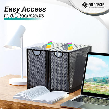 Hanging File Organizer, Letter-Size File Holder Filing Box with 5 Hanging Folders, Metal Mesh Desk File Folder Storage(No Assembly Required) (with 5 Grey Folders)