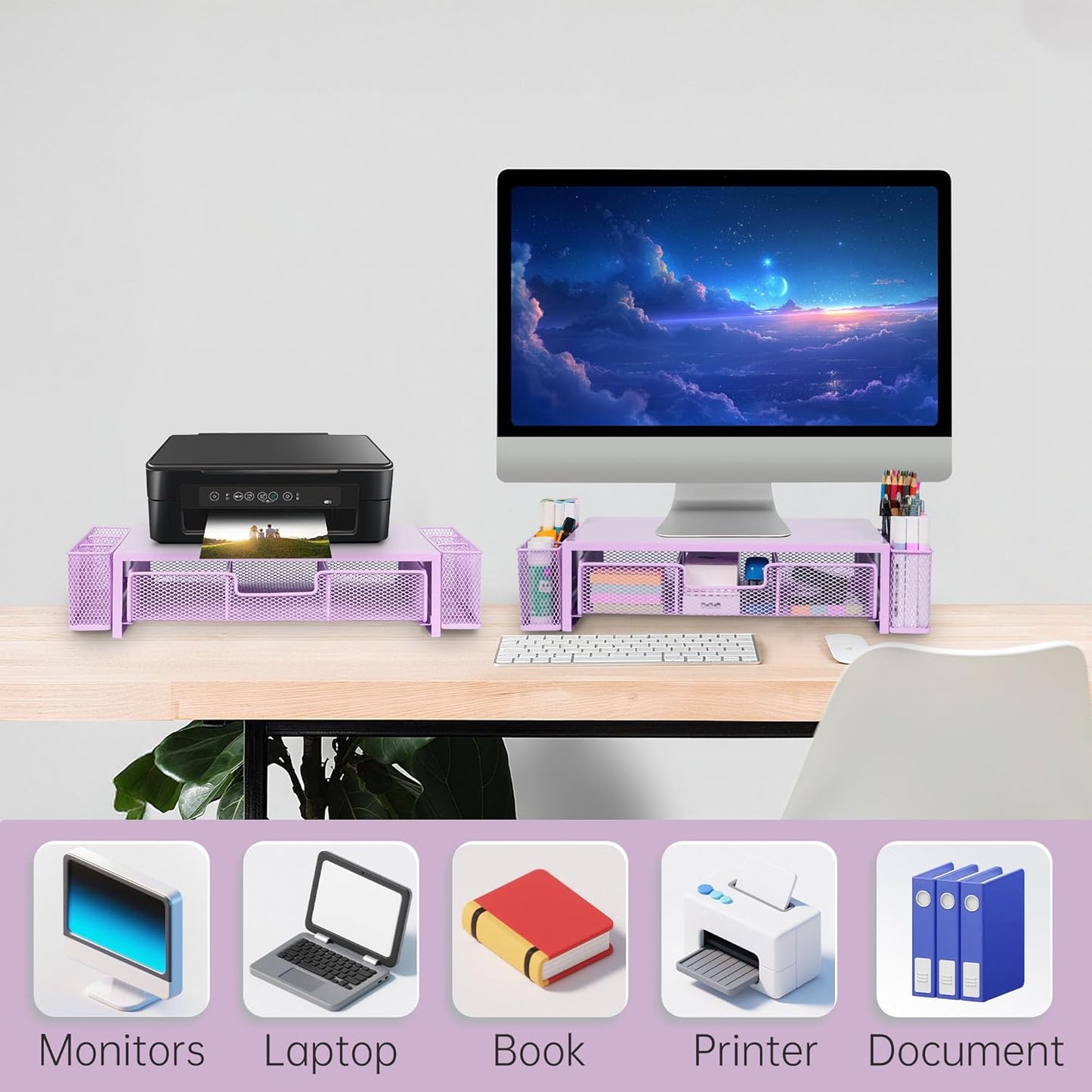 Qupui Computer Monitor Stand Riser with Drawer and Pen Holders, Desk Organizer Shelf and Accessories, Office Desk Accessories, Office Organization, Black