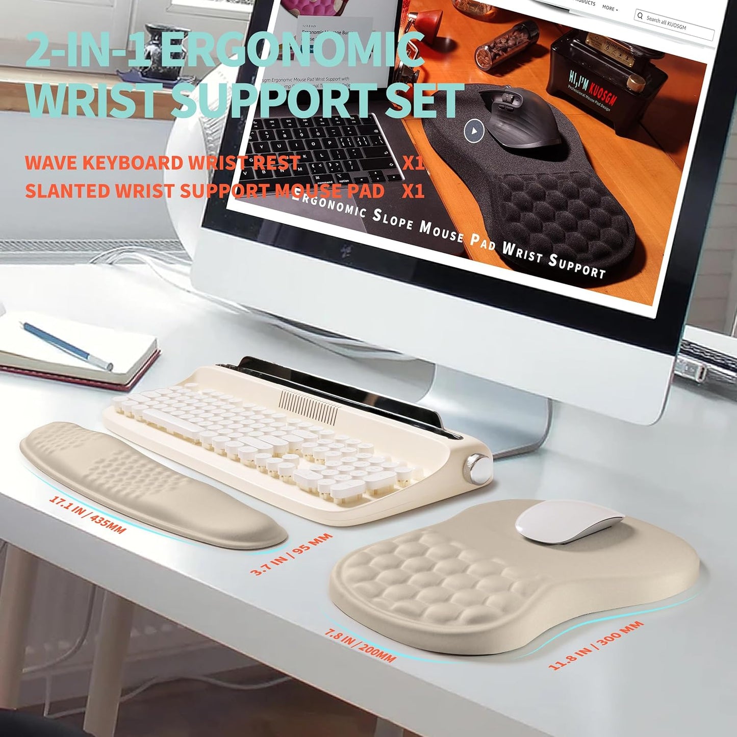 2-in-1 Ergonomic Set, Wave Rise Keyboard Wrist Rest and Massage Bulge Slope Mouse Pad Wrist Support, Cushion Memory Foam Integrated to Relieve Wrist Pain, Black