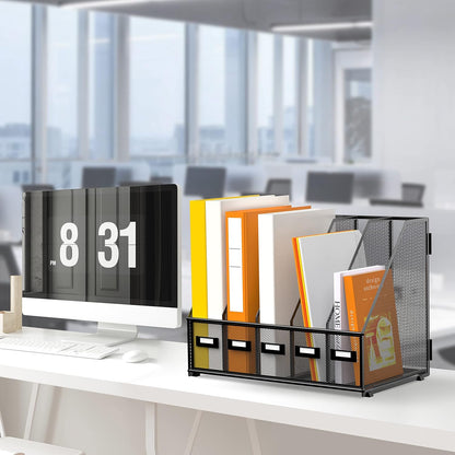 DALTACK 5 Vertical Compartments Magazine File Holder, Binder Organizer, Metal Desk Organizers for Office Home School Classroom Organization, Black