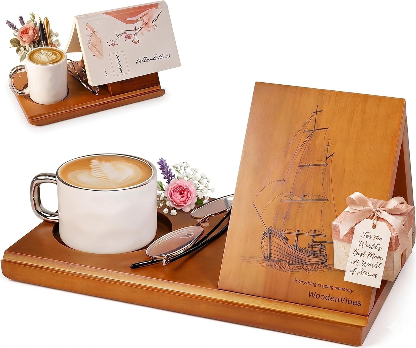 Wood Desktop Book Stand for Reading Rest Birthday and Mothers Day Gifts, Book Page Holder Thumb Bookmark,Magnet Couple Photo or Note, Book Accessories, Triangle Book Nook with Cup for Book Lovers