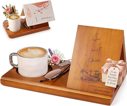 Wood Desktop Book Stand for Reading Rest Birthday and Mothers Day Gifts, Book Page Holder Thumb Bookmark,Magnet Couple Photo or Note, Book Accessories, Triangle Book Nook with Cup for Book Lovers