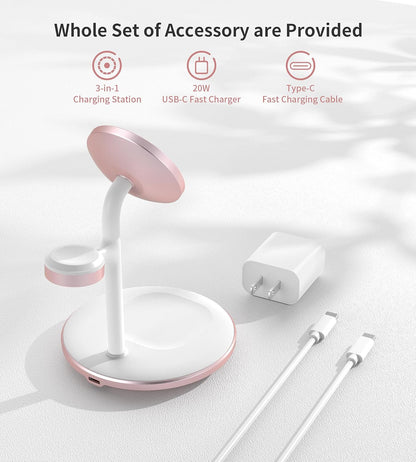 XooFly 3 in 1 Wireless Charging Station for Apple Devices, Fast Wireless Mag-Safe Charger Stand with 20W Adapter for iPhone 17 16 15 14 13 12 Pro Max/Air/Plus/Pro,iWatch,AirPods-Gift for Wife&Husband