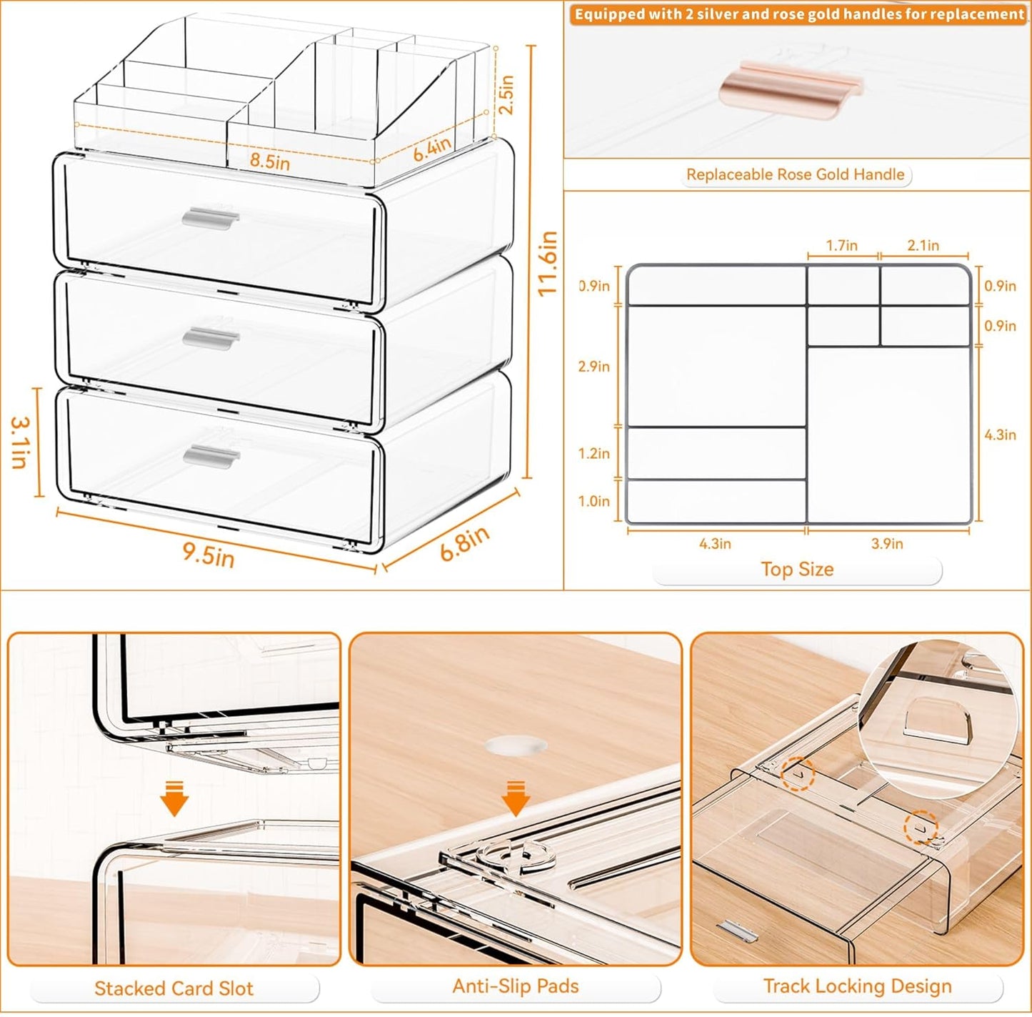 Yieach 3 Tier Clear Acrylic Makeup Organizers with Drawers,Tiered Countertop Make up Storage Organizer for Dresser Top and Bathroom Vanity,Plastic Makeup Stand for Brush,Skincare,Beauty Organizers
