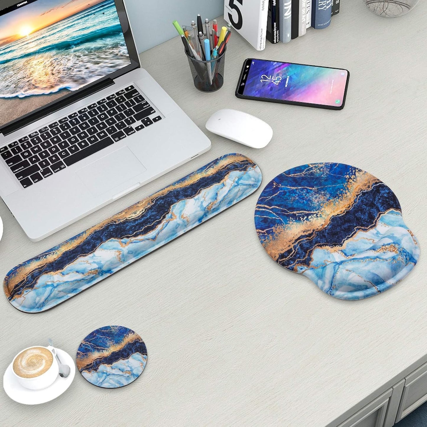 Mouse Pad and Keyboard Wrist Rest Support, with Non-Slip PU Base,Gel Mouse Pad with Coaster,Pain Relief for Gaming, Computer,Office -Beach