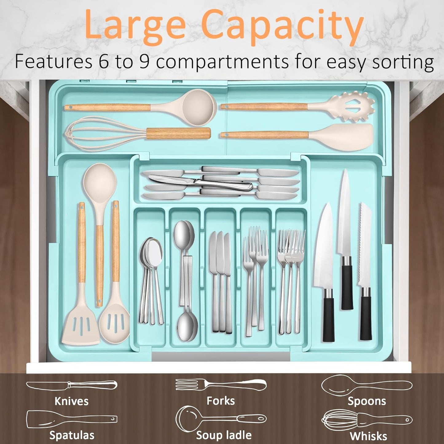 Spaclear Silverware Organizer Expandable Kitchen Utensil Drawer Organizer Large BPA Free Adjustable Cutlery Silverware Tray for Spoons Forks Knives Storage Divider for Kitchen Flatware 6-9 Slots Black