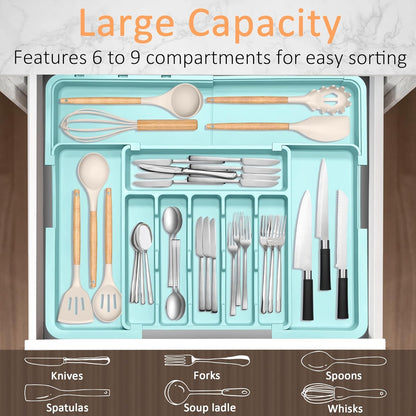 Spaclear Silverware Organizer Expandable Kitchen Utensil Drawer Organizer Large BPA Free Adjustable Cutlery Silverware Tray for Spoons Forks Knives Storage Divider for Kitchen Flatware 6-9 Slots Black