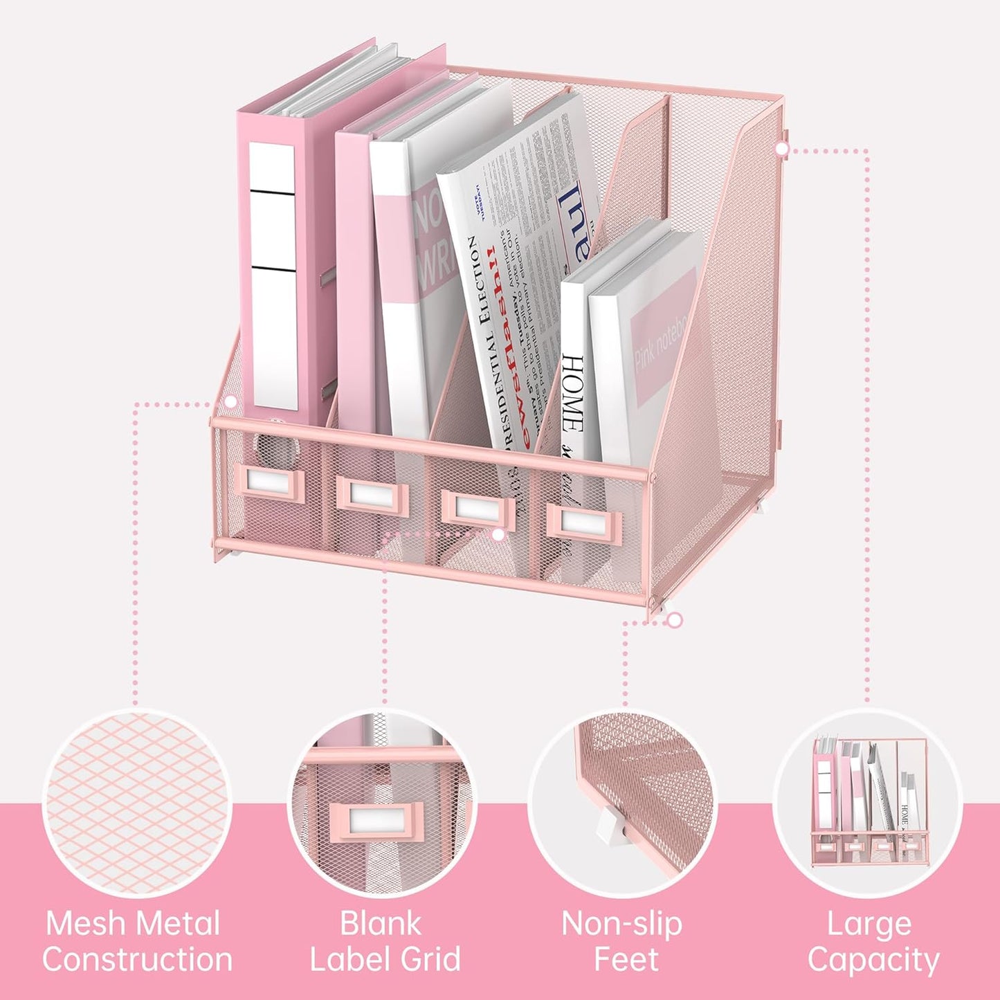 SUPEASY Magazine File Holder, Binder Holder Metal Desk Organizer with 4 Rack Compartments, File Organizer for Office Home School, Black