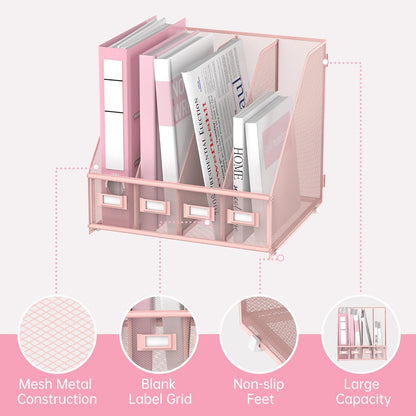 SUPEASY Magazine File Holder, Binder Holder Metal Desk Organizer with 4 Rack Compartments, File Organizer for Office Home School, Black