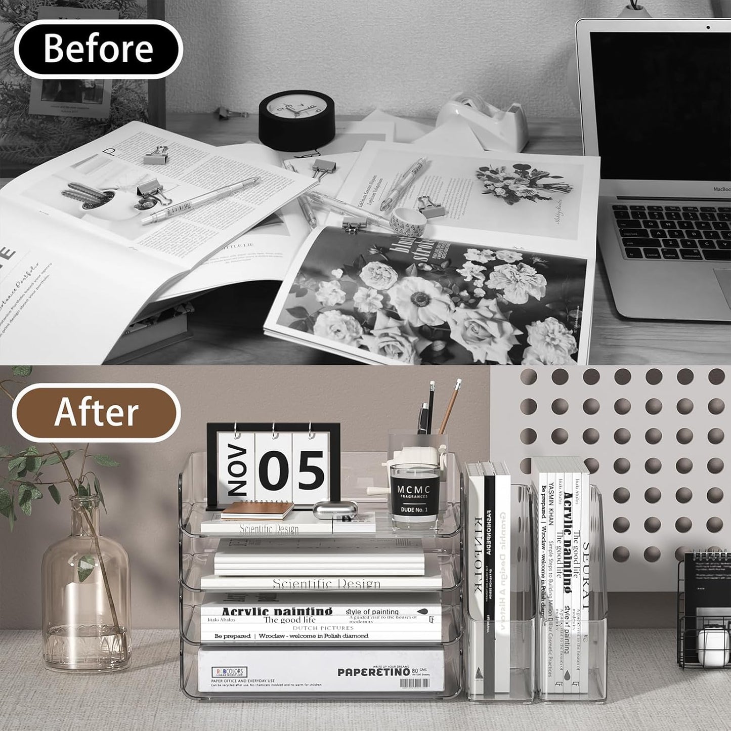 FANXIYQ 4-Tier Horizontal Acrylic Paper Tray Organizer with Bookends | Clear Stackable Desk Organizer for Documents, Letters, A4 Paper | Modern Office/Classroom/Home Organization