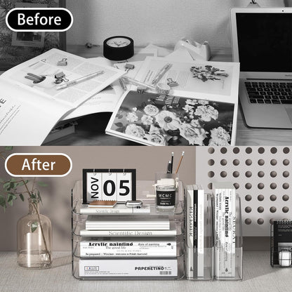 FANXIYQ 4-Tier Horizontal Acrylic Paper Tray Organizer with Bookends | Clear Stackable Desk Organizer for Documents, Letters, A4 Paper | Modern Office/Classroom/Home Organization