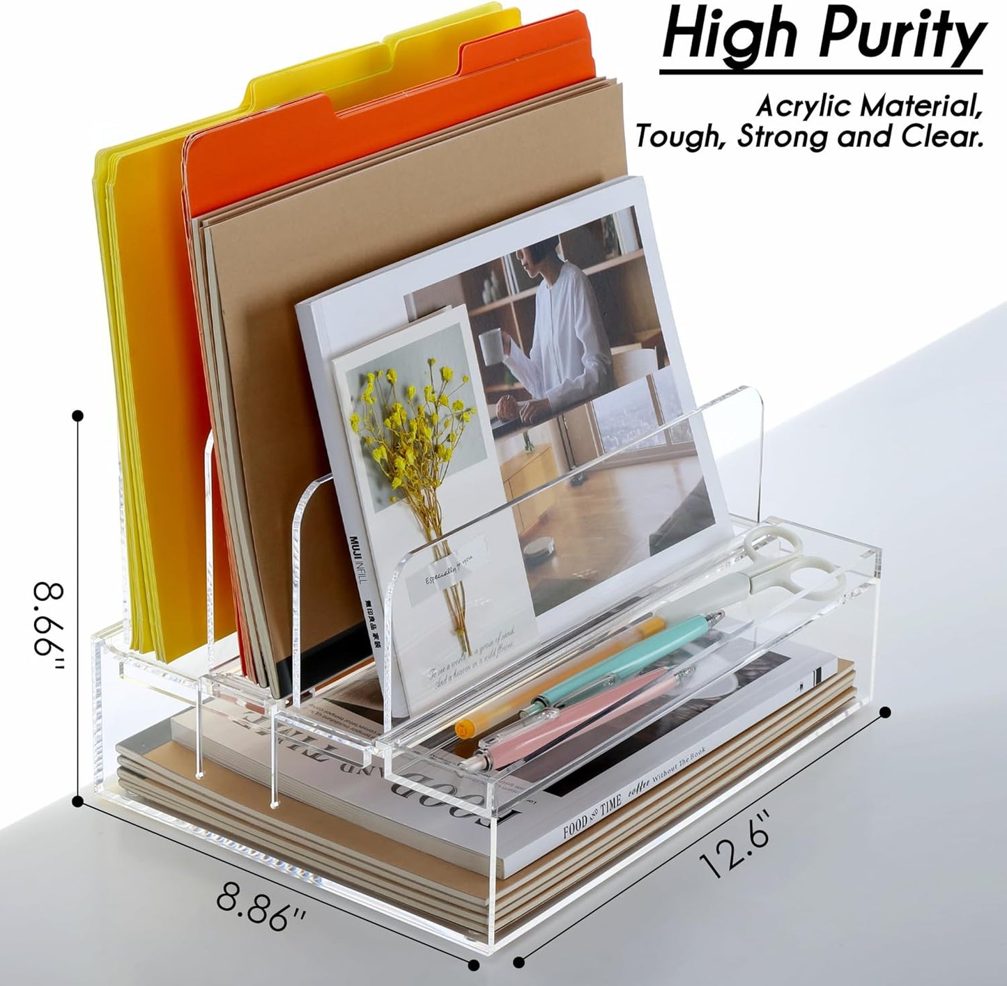 DINGHUO Desk Organizers and Accessories, Acrylic File Folder Rack with 3 Vertical File Holder, Letter Size Paper Tray Office Supplies Storage for Home Office -1 Pack