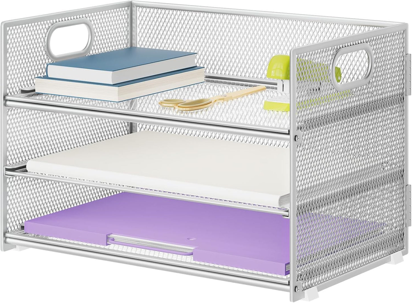 Marbrasse 3 Tier Paper Organizer Letter Tray, Mesh File Organizer with Handle, Paper Sorter Desk Organizer for Home Office Supplies