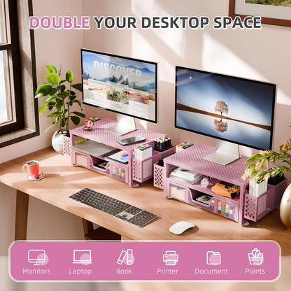 Simple Trending Desk Organizer and Accessories, 2 Tier Computer Metal Monitor Stand Riser with Drawer and Pen Holder for Laptop, Computer, iMac, Black