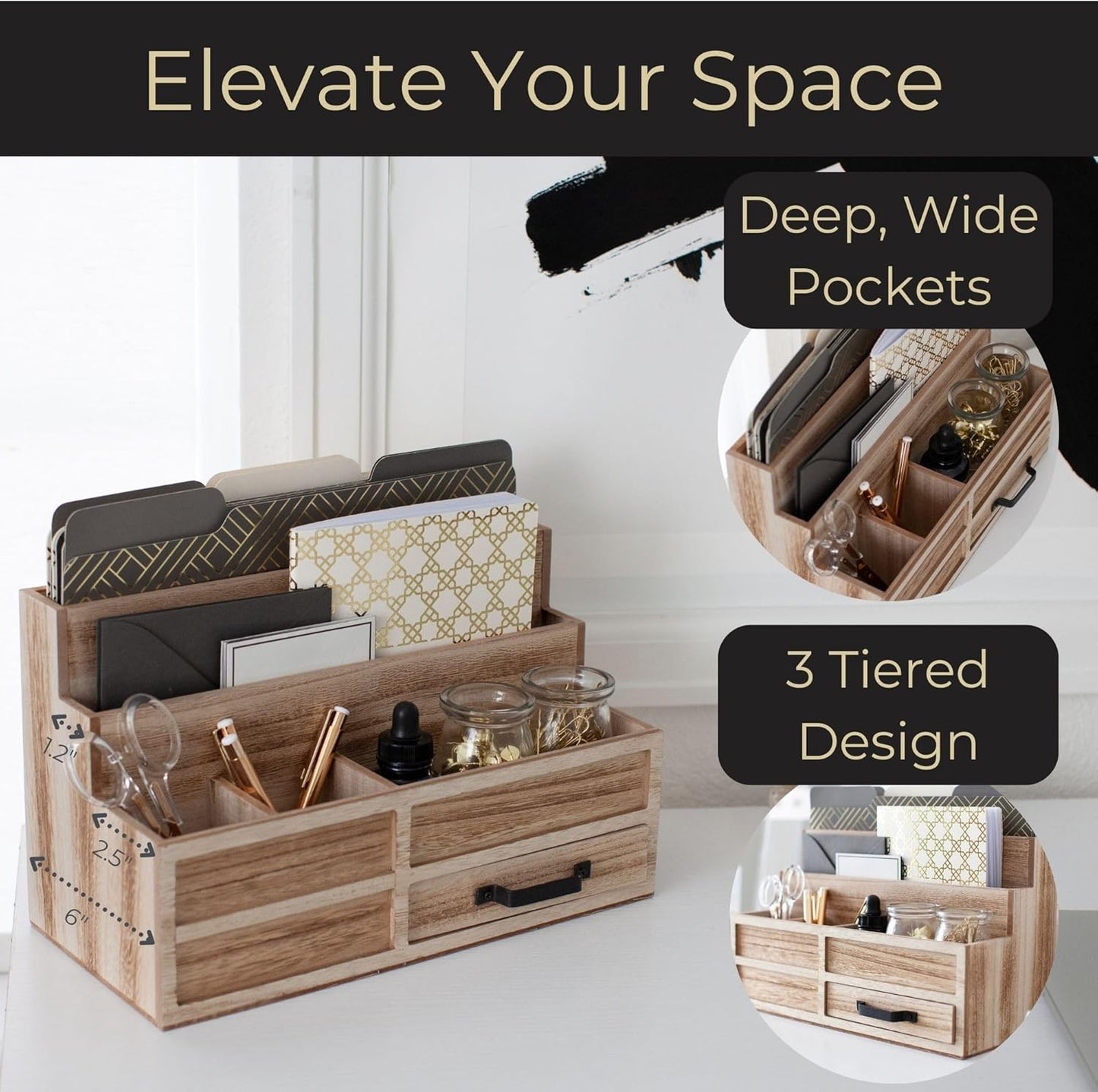 BLU MONACO | White Desktop Organizer with Drawer Storage | Tabletop Organizer with Drawers for Paper Bills Mail | Wooden Mail Organizer for Countertop Workspace | with Drawer, Bill
