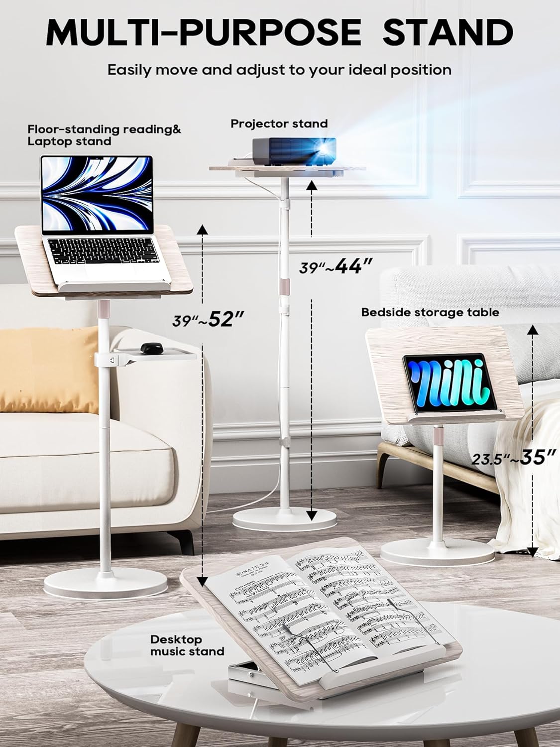 2 in 1 Adjustable Book Stand - Dual-Use Floor and Desktop Book Holder Stand, Height Adjustable 23.5-52 in, Elastic Page Clips for Music Sheet, Recipe, Tablet, Laptop-Black