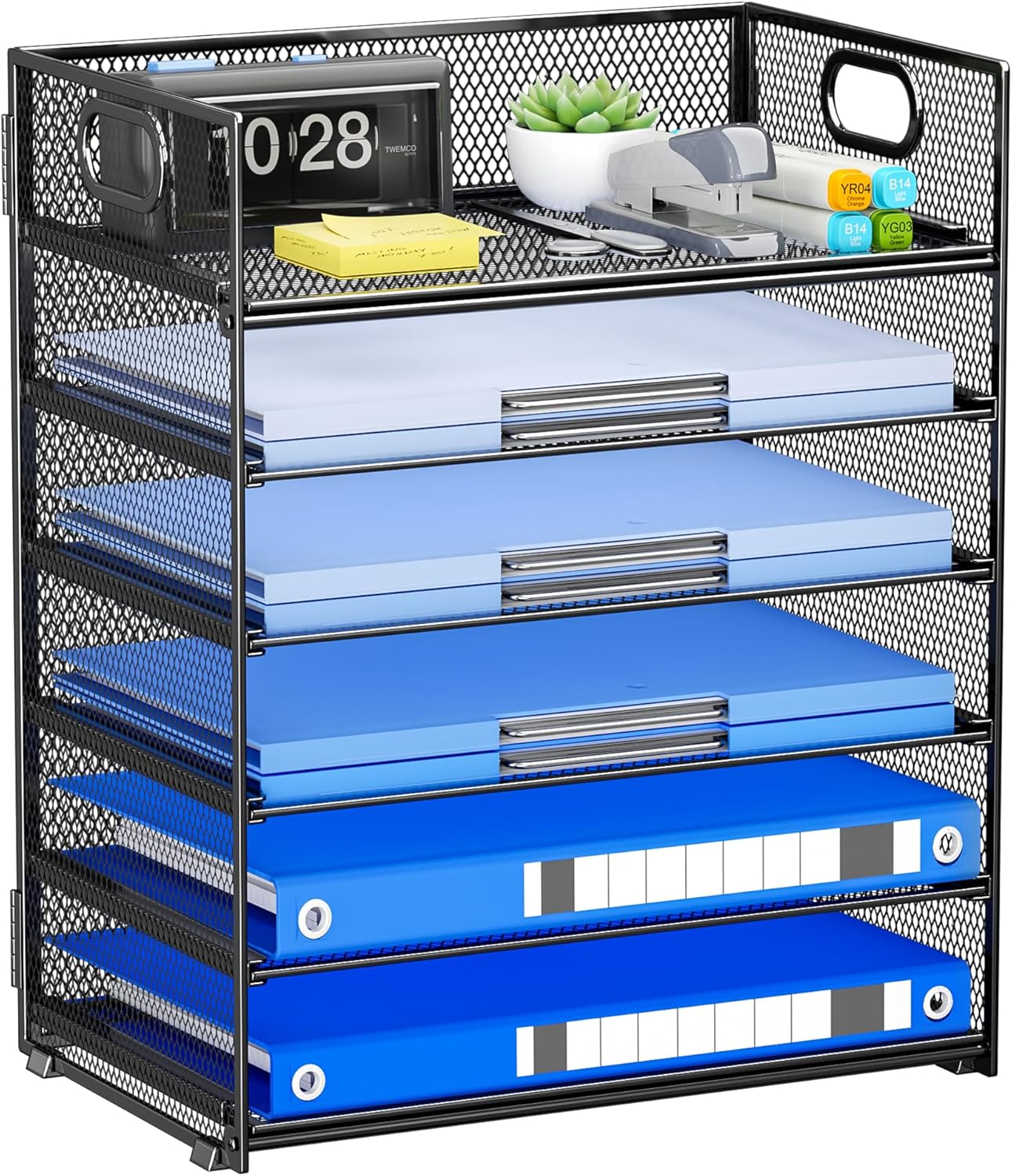 Paper Organizer Letter Tray with Handle, 5-Tier Black Stackable Desk Organizer with Metal Mesh, Sturdy Paper Tray for Office Desk, Home & Classroom Supplies Storage