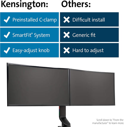 Kensington Single Monitor Desk Mount, C-clamp Vesa Stand Fits up to 32 inch Ultrawide Samsung LG , Low Profile Vertical Mount, Height Adjustable Free Standing Arm,K55512WW Black