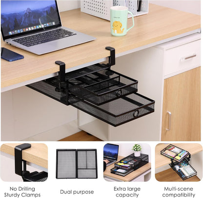 2-Tier Clamp-On Mesh Organizer, Under Desk Storage with Slide-Out Tray, No Drilling Tool-Free Installation, Durable Rust-Resistant Metal, Large-Capacity Organizer.