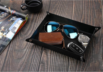 Luxspire Valet tray, PU Leather Tray, Catchall Tray, Men Women Jewelry Key Tray, Desk Storage Plate for Key Coin Phone Jewelry Wallet, Medium Size - Black