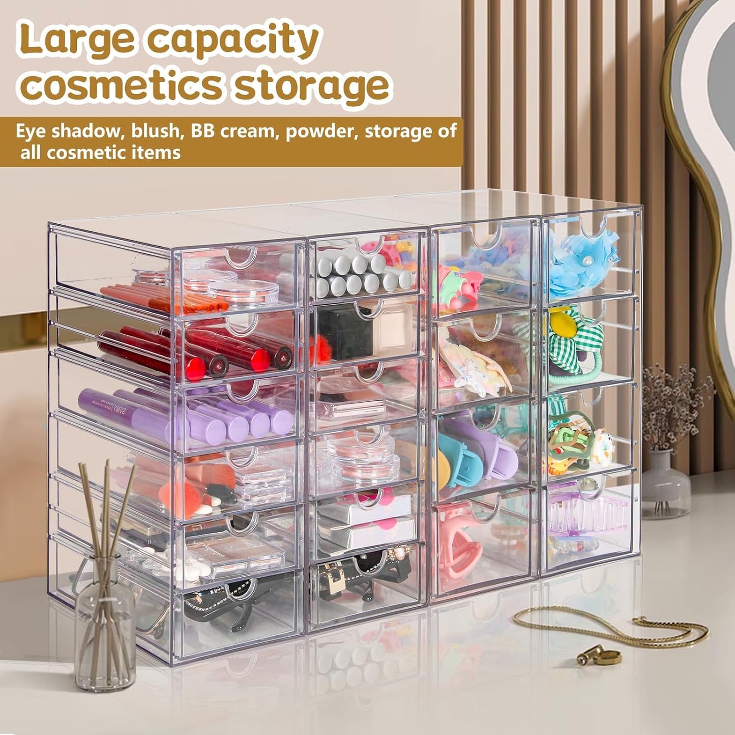 VZKAH Clear Acrylic Organizer with Drawers | 15-Drawer Desktop Unit | Makeup & Desk Organization and Storage Box for Office, Craft, Vanity Table, Bathroom, Home Essentials