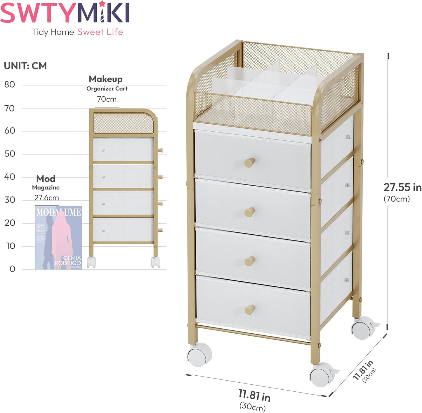 SWTYMIKI Rolling Makeup Organizer Cart - Under Desk Vanity Makeup Storage with 3 Non-woven Drawers, Nail Cart Organizer Cosmetic Display Cases Cabinet for Skin Care Perfume Nail Polish Brush Hair Tool