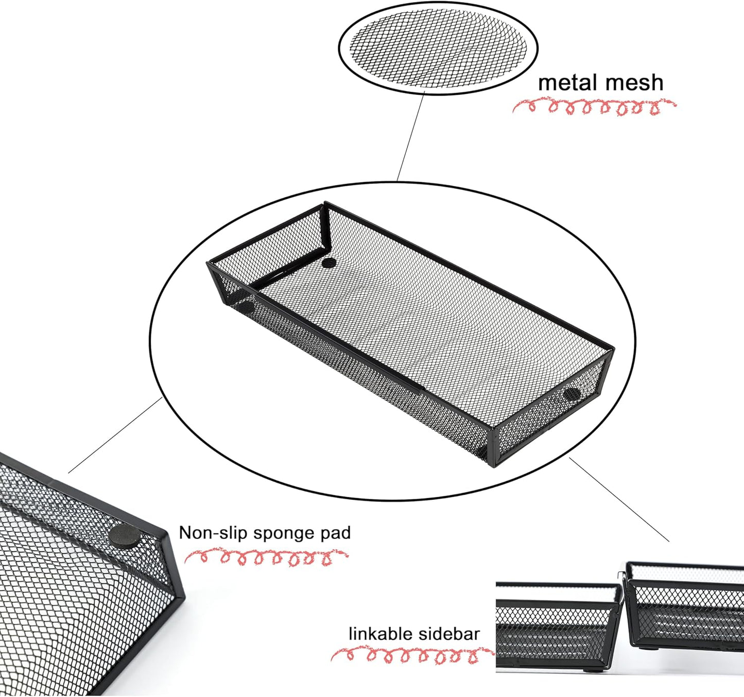 Mesh Tray Silverware Drawer Organizer, Utensil Cutlery Tray Office Supplies with Interlocking Arm Drawer Dividers Organizer for Flatware, Knives,Home,Office, School,Bedroom 12X6'' Black