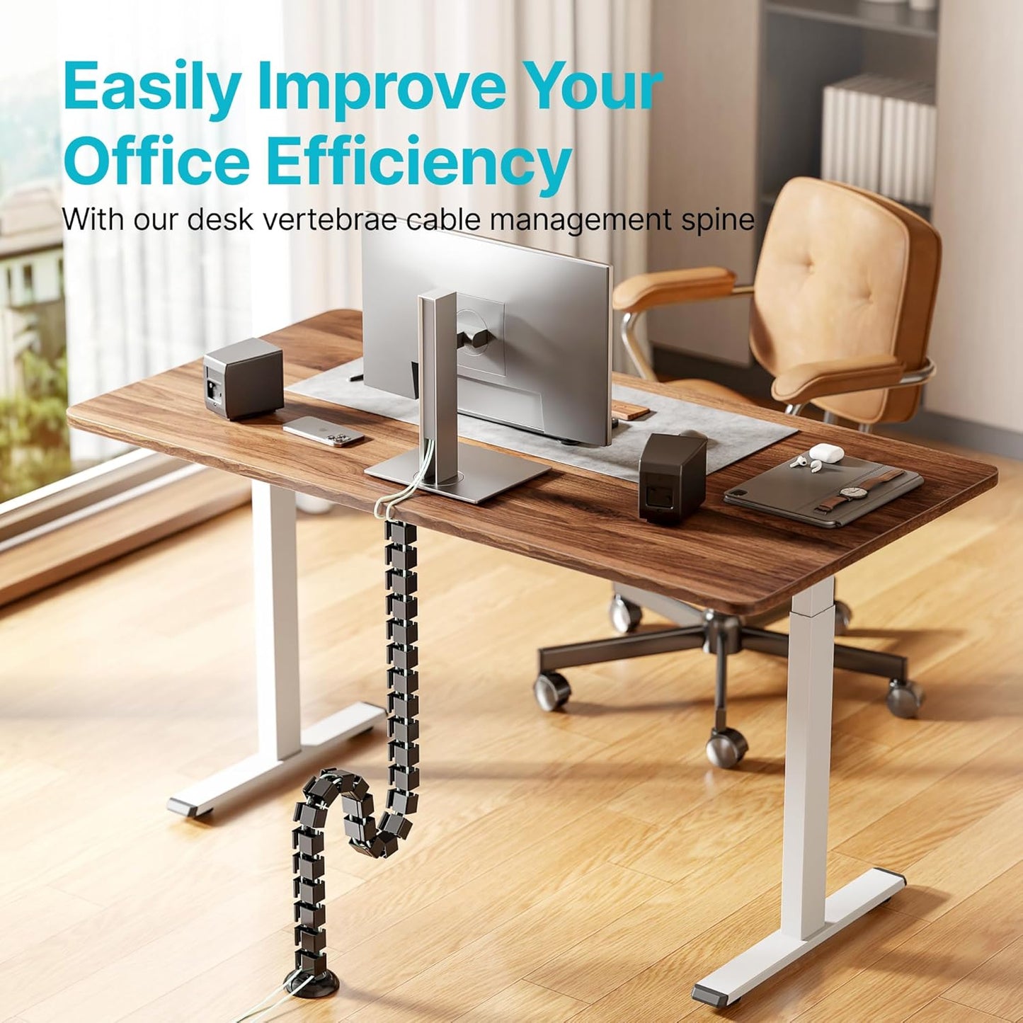 PEGZONE Under Desk Cable Management Spine – Flexible Cable Snake Organizer for Standing Desk, Tool-Free Magnetic Vertebrae Wire Management for 0.4"-2" Table, White