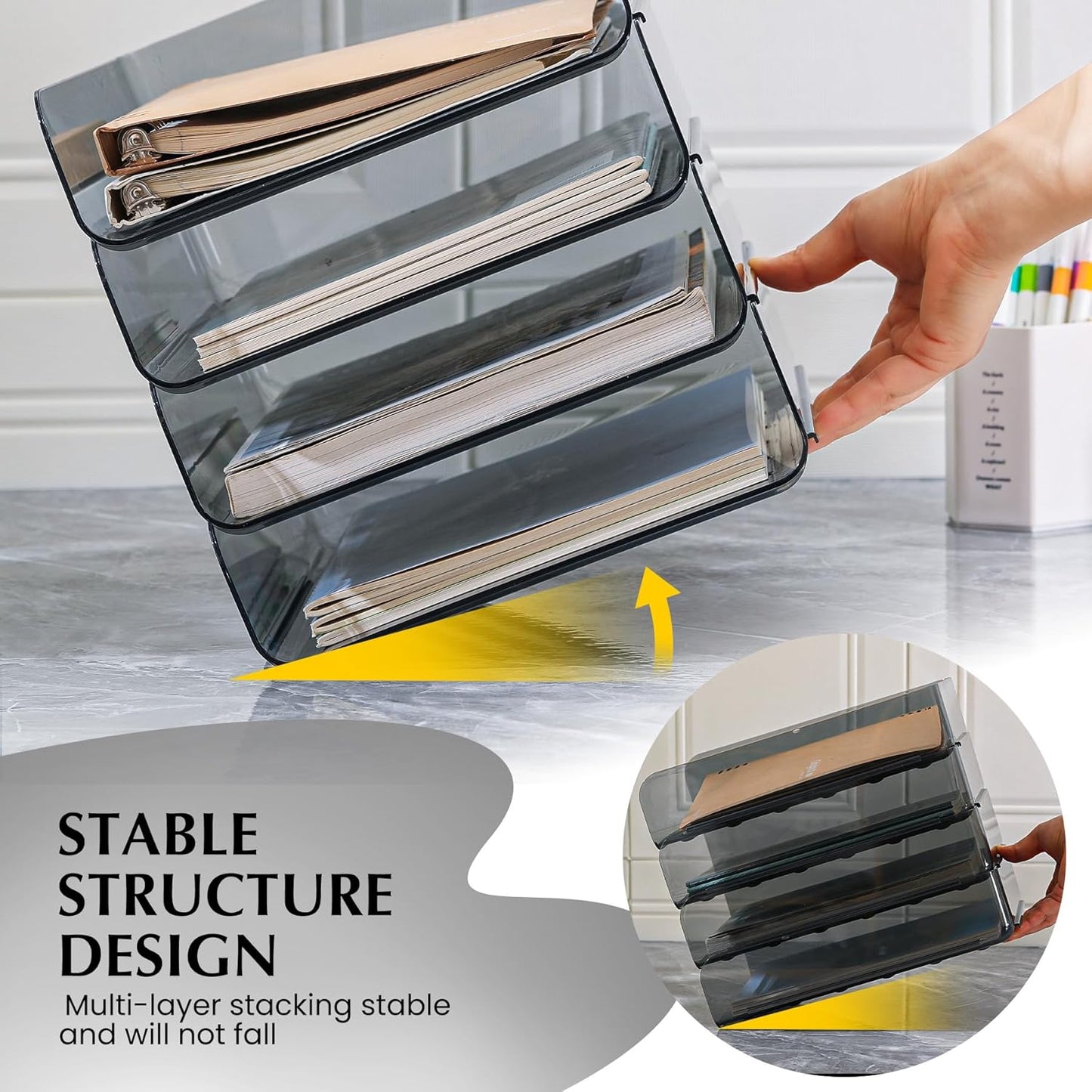 CiWiVOKi 2 Pack Stackable Paper Tray Organizer, Clear File Organizer for Desk, Office Organizer and Storage for Desk Accessories, Notes, Books, File Paper, Document, Black