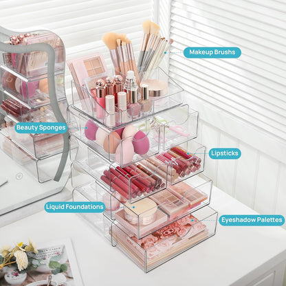 Vtopmart 3 Tier Clear Makeup Organizer with Drawer, Cosmetic Storage for Dresser Countertop and Bathroom Vanity, Beauty Holder for Lipstick Brush Skincare
