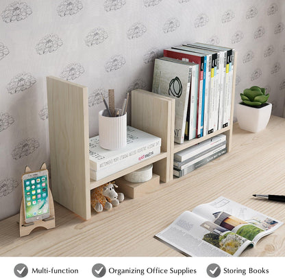Jerry & Maggie Desktop Organizer Office Storage Rack Adjustable Wood Display Shelf Free Style Double H, Multi-Functional Mini Bookshelf for Desk Natural Stand (Natural Wood Tone)