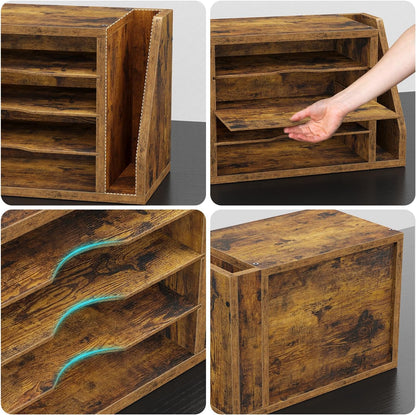 Creso hom Mail Sorter, File Organizer Desktop, Wood Desk Organizer with 3 Adjustable Shelves, Mail Holder for Office, Home, Letter Sorter File Holders for Envelopes, Supplies Magazines, Rustic Brown