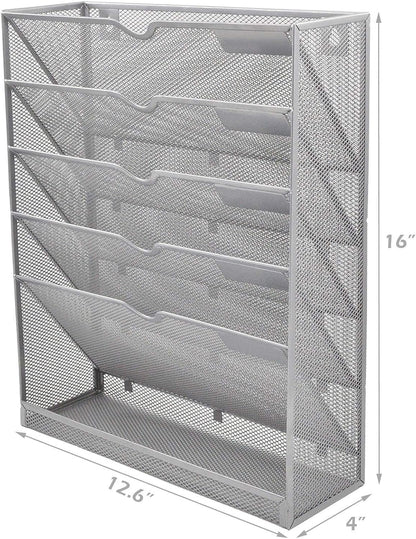 EASEPRES Desk File Organizer Mesh 6-Tier, Hanging Wall Mount Document Organization Stand, Desktop Vertical Mail Paper Folder Holder Rack with Bottom Tray for Office Home Cubicle Countertop, Black