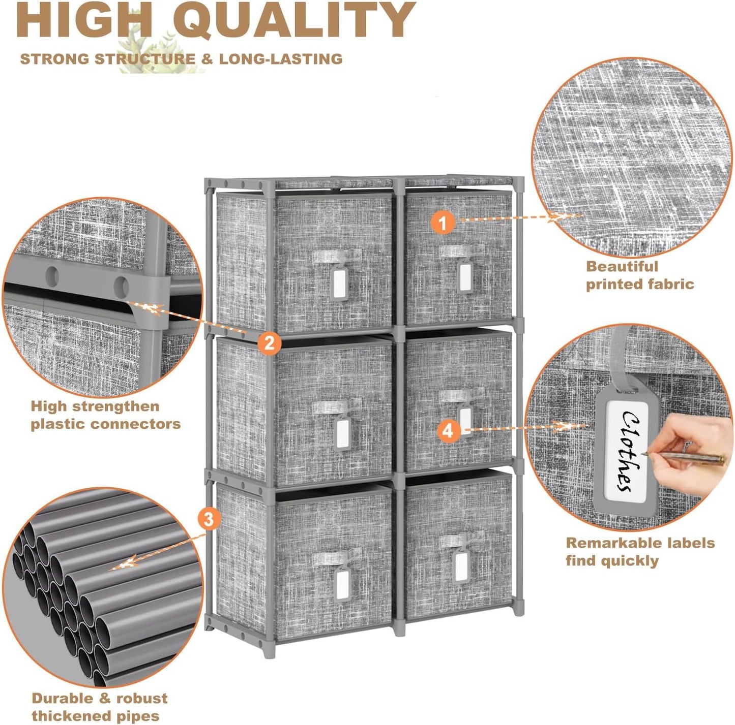 LUKYTOWER Cube Storage Organizer Shelf with Printed Bins + Labels, Cubby Storage Organizer with Bins, Large Capacity Shelves for Storage,Closet, Living Room, Dorm, Yarn (Grey, 6 Cube)