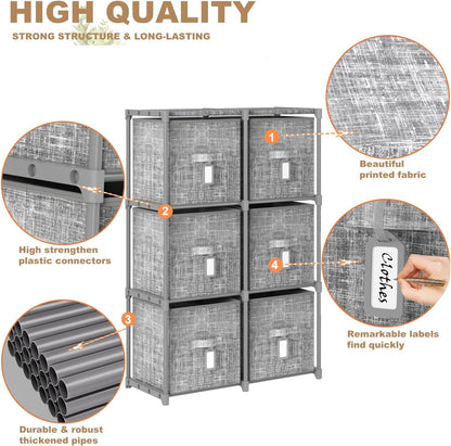 LUKYTOWER Cube Storage Organizer Shelf with Printed Bins + Labels, Cubby Storage Organizer with Bins, Large Capacity Shelves for Storage,Closet, Living Room, Dorm, Yarn (Grey, 6 Cube)